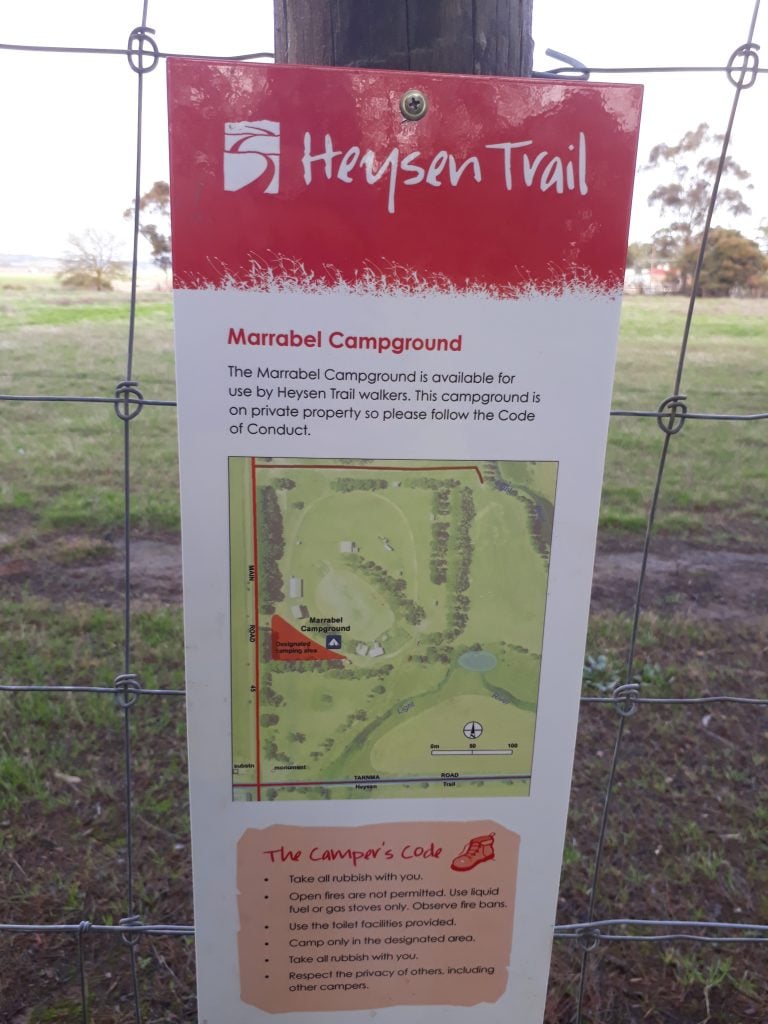 The Heysen Trail sign next to the walkers platform shows the designated tent site (shaded in red). 